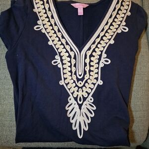 Lilly Pulitzer Clarkson Dress Size M Navy Blue 3/4 Sleeve Gold White Embroidery